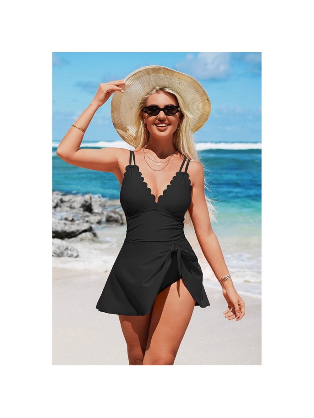 Scalloped Black One-Piece Swimdress with Side Tie